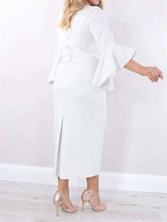 Back view Roselledress white sheath midi dress button back flare sleeve plus size wedding guest gown