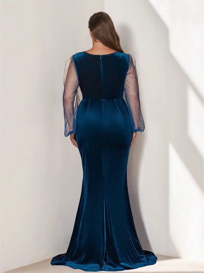 roselledress peacock blue velvet formal mermaid gown sheer tulle long sleeves back zipper closure plus size wedding guest dress back view