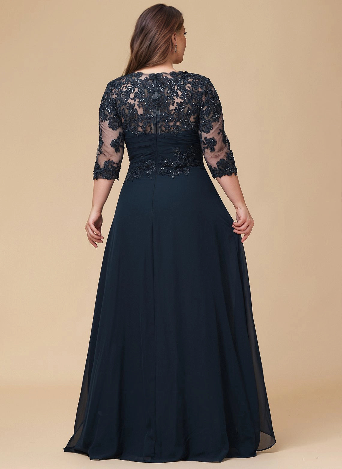 roselledress beaded lace illusion zipper back navy chiffon plus size evening gown