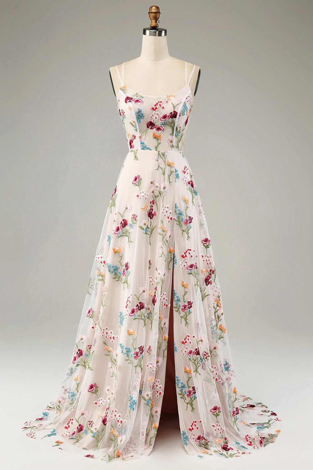 Roselledress nude tulle prom dress spaghetti strap colorful floral high slit train formal gown