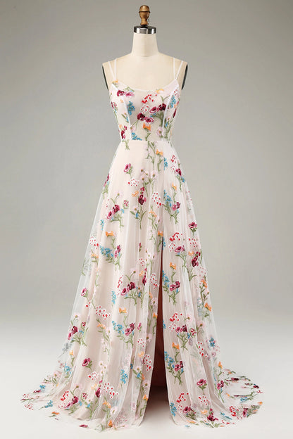 Roselledress nude tulle prom dress spaghetti strap colorful floral high slit train formal gown