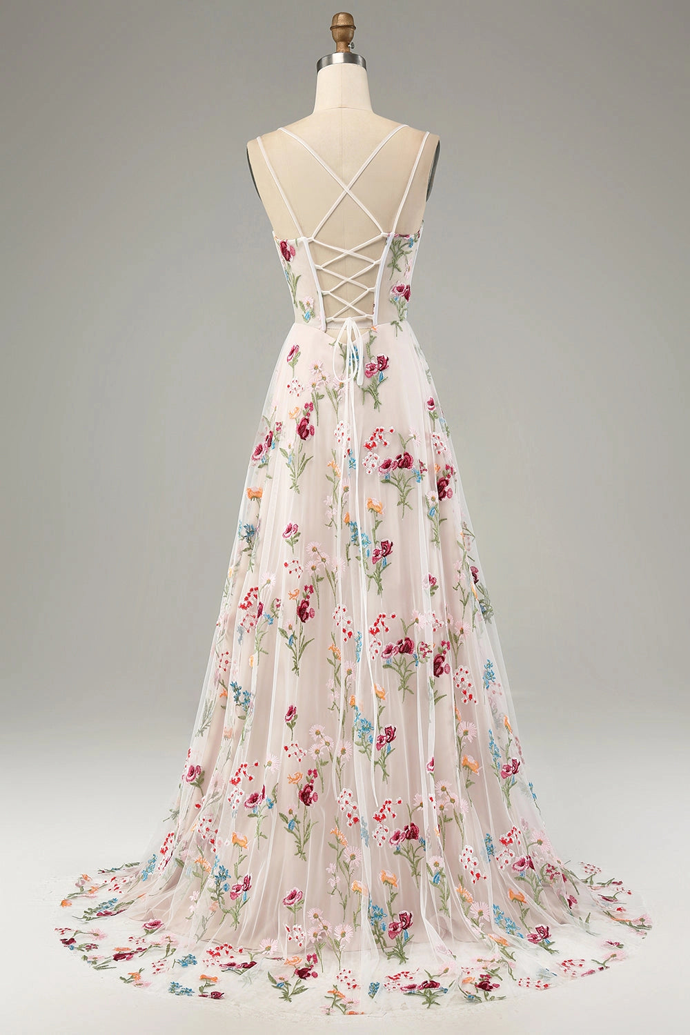 back view Roselledress sheer floral tulle criss cross lace up back long bridesmaid dress