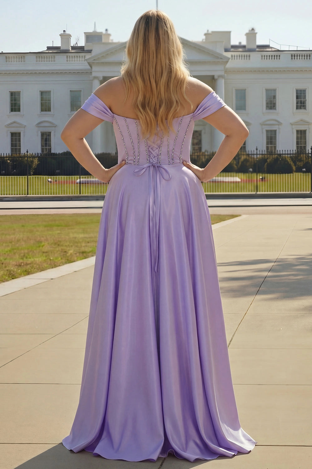 Back view Vedress lavender plus size corset lace up back prom dress satin formal gown