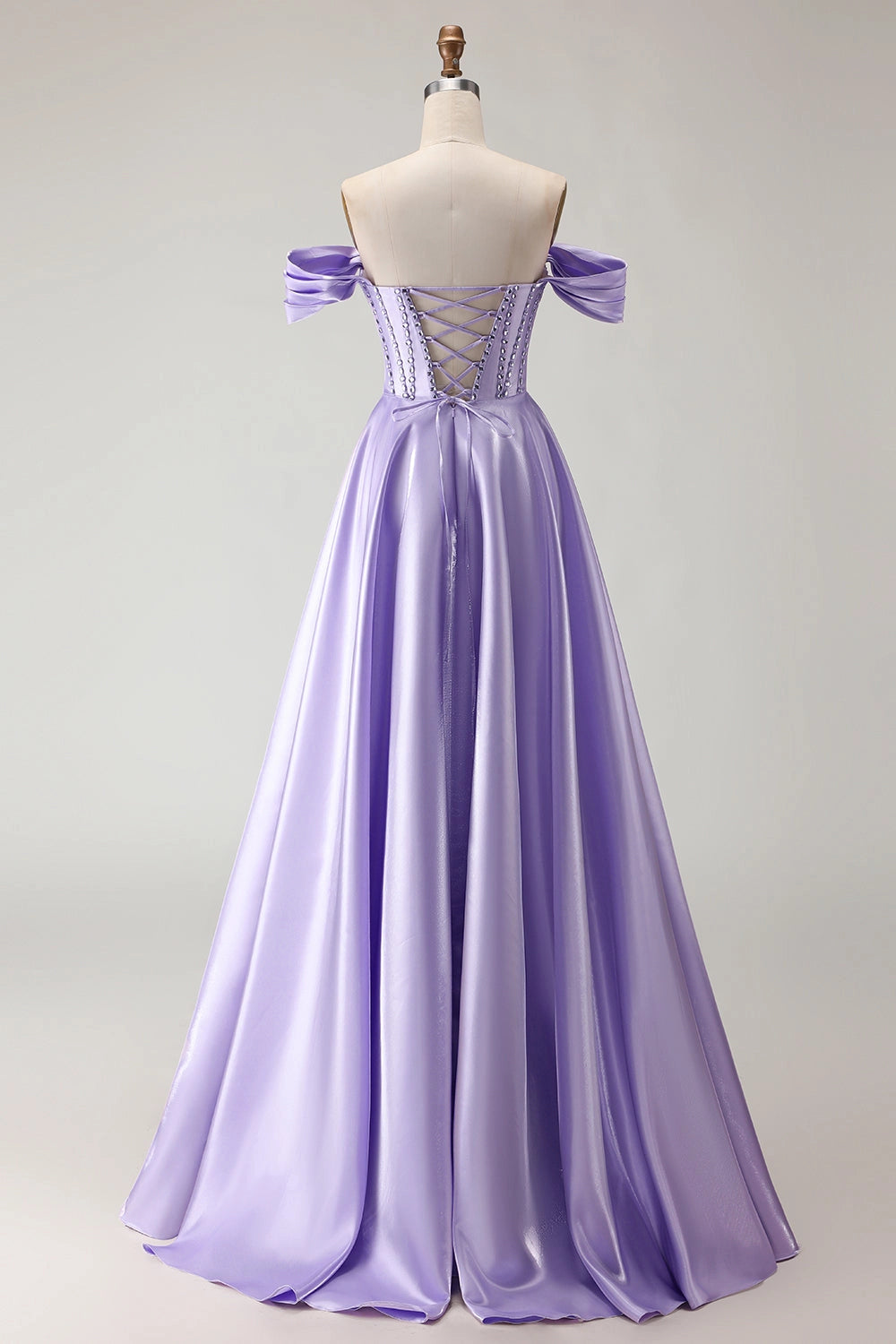 Lavender Plus Size A-Line Off Shoulder Lace Up Back Long Prom Dress
