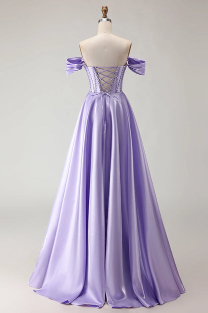 Lavender Plus Size A-Line Off Shoulder Lace Up Back Long Prom Dress