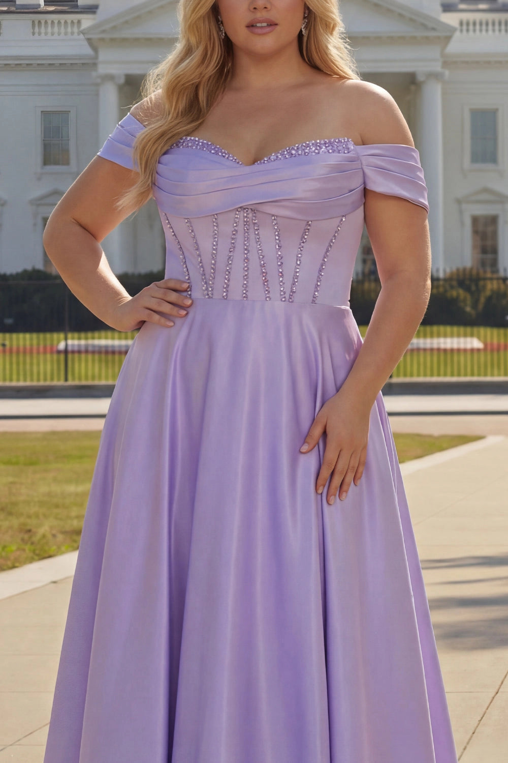 Lavender Plus Size A-Line Off Shoulder Lace Up Back Long Prom Dress