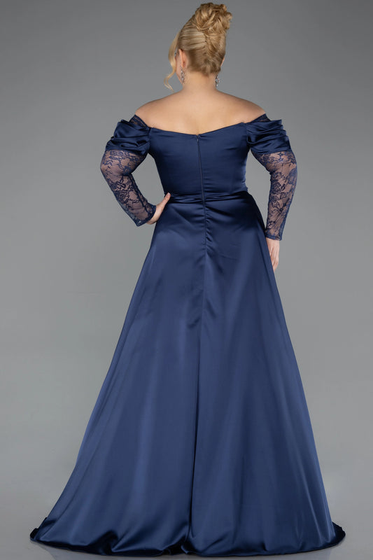 Navy blue plus size formal dress with off-shoulder back and concealed center zipper