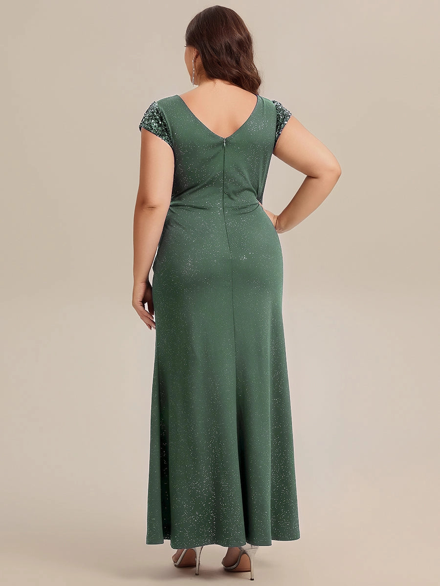 Roselledress Glitter Mermaid Deep V Cap Sleeve V Back Floor Length Plus Size Wedding Guest Dress