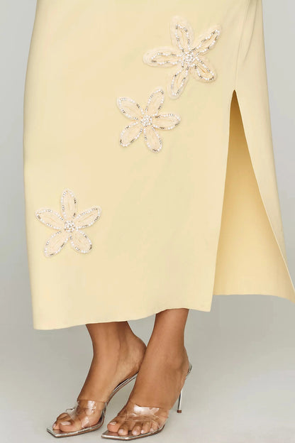 Halter Tie‑Back Beaded Floral Appliqué Side‑Slit Midi Plus Size Wedding Guest Dress