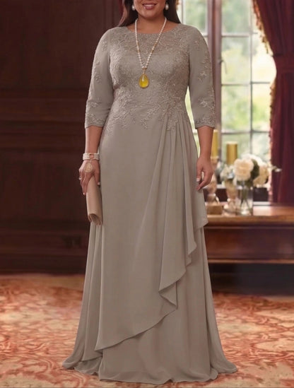 RoselleDress Lace Chiffon A-Line Round Neck 3/4 Sleeve Zip Back Floor Length Plus Size Mother Of Bride Dress