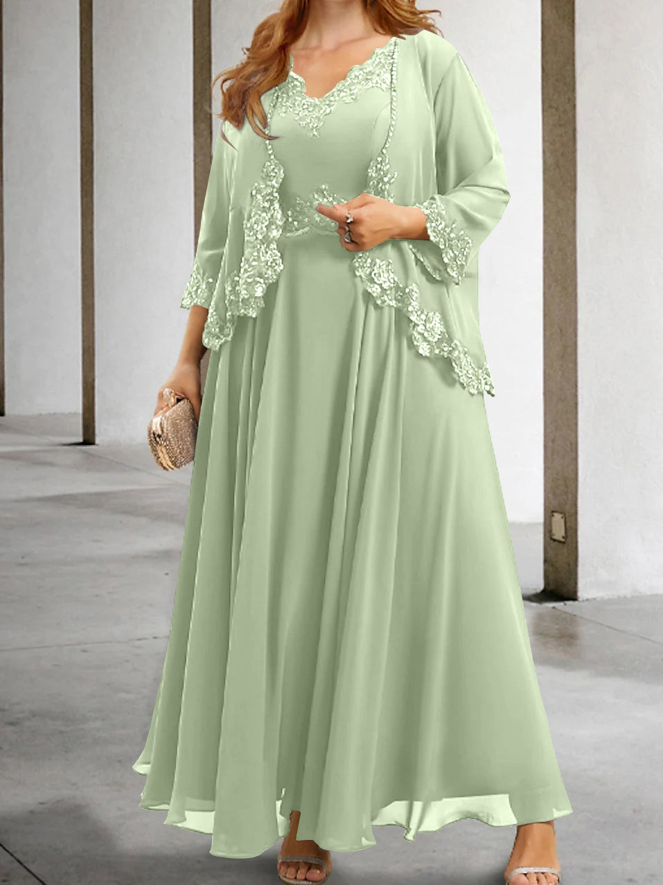 Roselledress Lace Beaded A-Line V Neck Jacket Set Zipper Back Floor Plus Size Mother Of Bride Dress