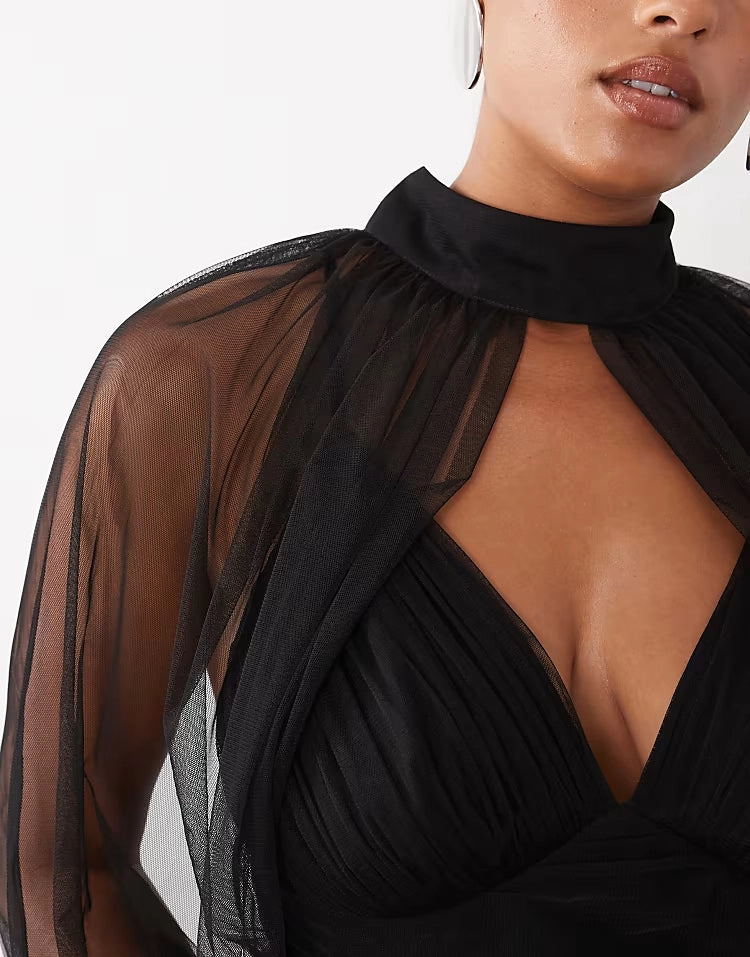 Tulle Halter Sheer‑Long‑Sleeve Open‑Back Maxi Plus Size Wedding Guest Dress