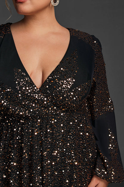 Glam Plus Size A-Line V-Neck Long-Sleeve Solid-Back Floor-Length Mother Of Bride Dress