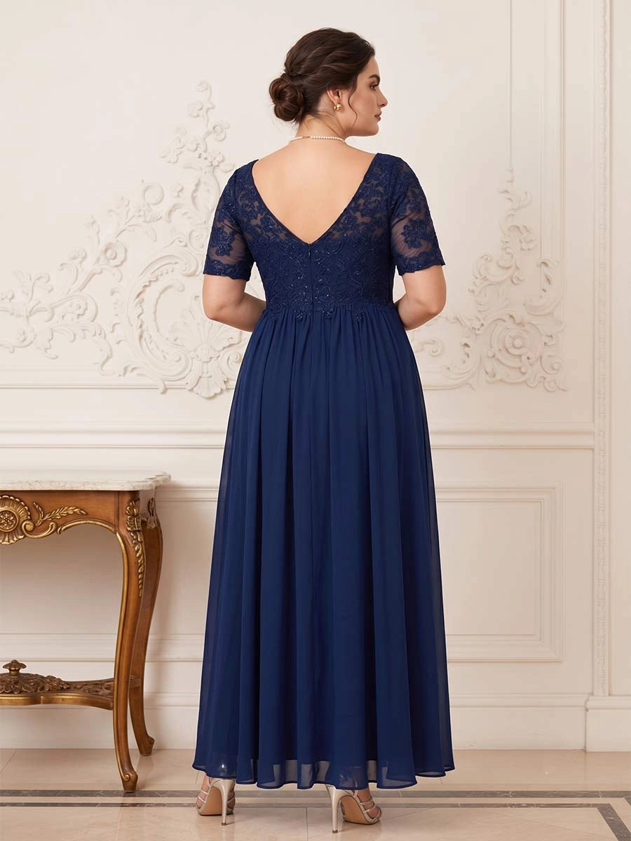 Roselledress evening gown deep v back invisible zipper floral lace curvy mother of bride long dress back photo