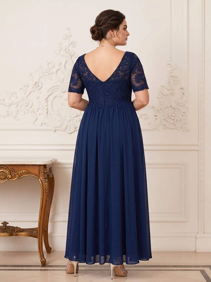 Roselledress evening gown deep v back invisible zipper floral lace curvy mother of bride long dress back photo