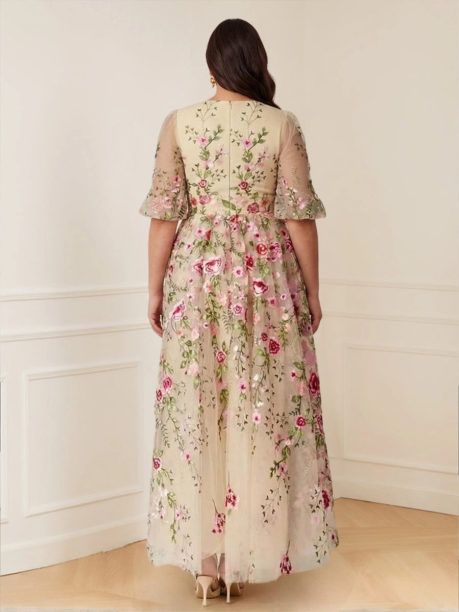 roselledress curvy champagne mesh a line dress full flower embroidery zip back long formal mother outfit