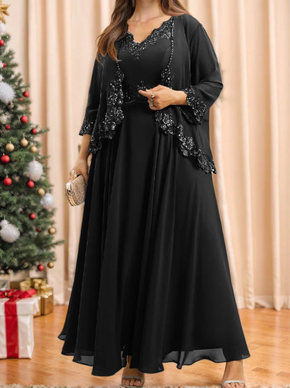 Roselledress Lace Beaded A-Line V Neck Jacket Set Zipper Back Floor Plus Size Mother Of Bride Dress