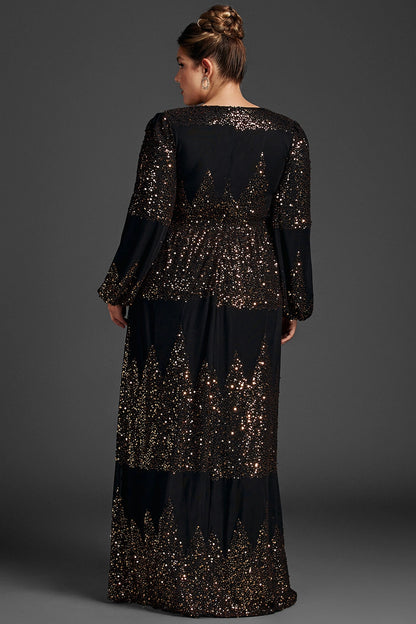 roselledress curvy sequin evening gown solid covered back long sleeve black floor length party dress