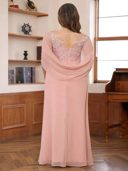 Back view RoselleDress blush pink curvy chiffon gown keyhole illusion back cape sleeve floor‑length wedding mother evening dress