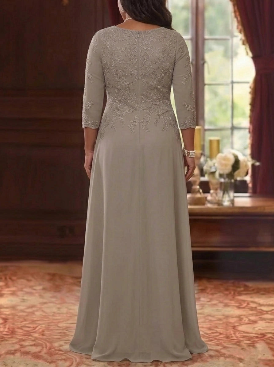 RoselleDress grey lace applique chiffon formal gown zipper back plus size mother gown back shot