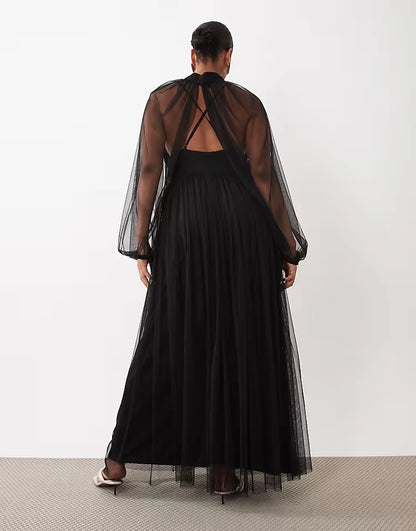 Roselledress plus size black tulle halter cross strap open back formal wedding guest gown back view