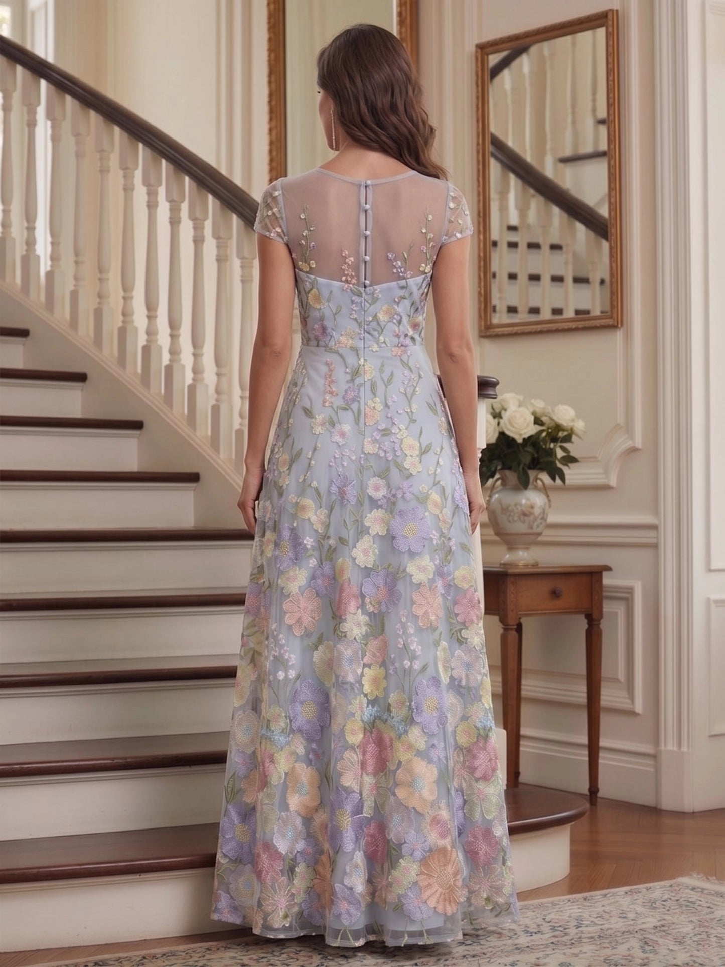 back view Roselledress curvy blue floral tulle maxi dress sheer button back wedding guest long gown