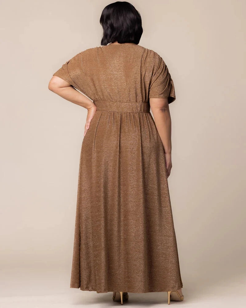 Roselle Dress plus size bronze shimmer dolman sleeve v‑neck formal maxi dress back view
