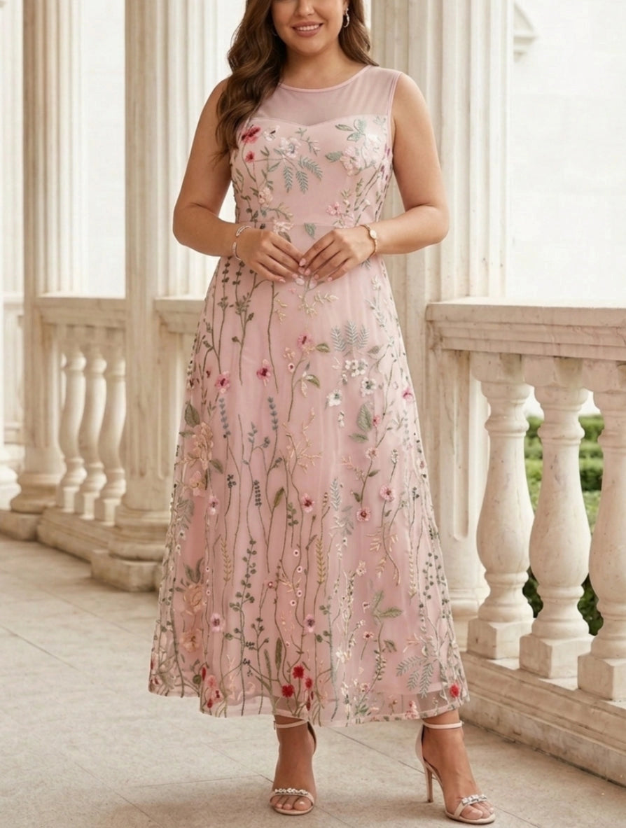 Soft Pink Plus Size Straight Round Neck 3/4 Sleeve Open Back Two Piece Mother Of Bride Dress