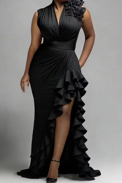 Roselledress Black Mermaid Sleeveless Deep V 3D Flower Ruffle Slit Plus Size Prom Dress