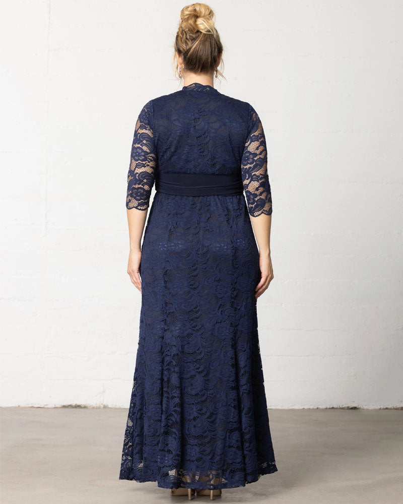 roselledress navy blue lace wedding guest dress 3/4 sleeve high lace neck full lace skirt plus size formal maxi dress back view