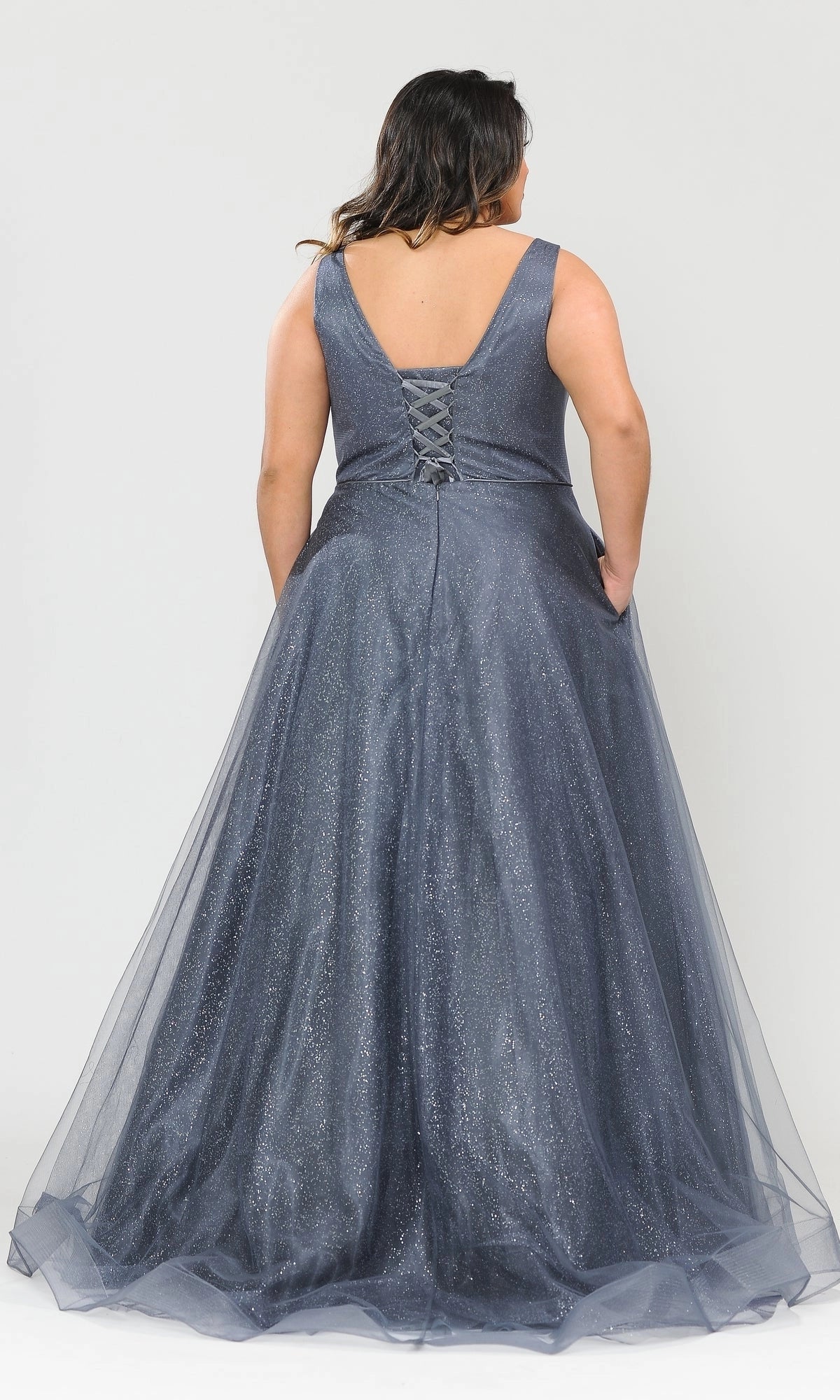 Roselledress sparkly tulle prom dress deep v lace-up corset back floor length plus size formal dress back view