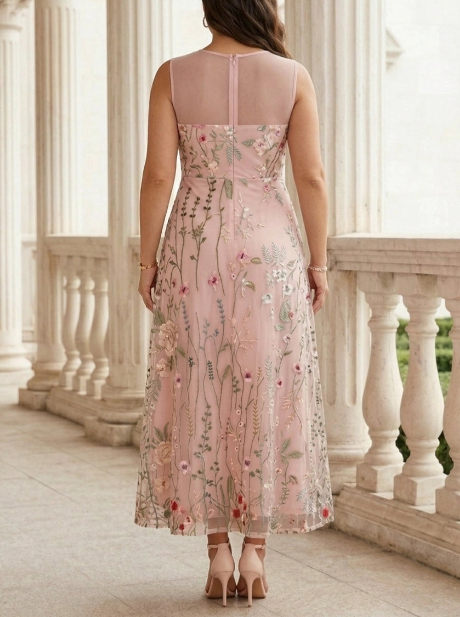 Soft Pink Plus Size Straight Round Neck 3/4 Sleeve Open Back Two Piece Mother Of Bride Dress