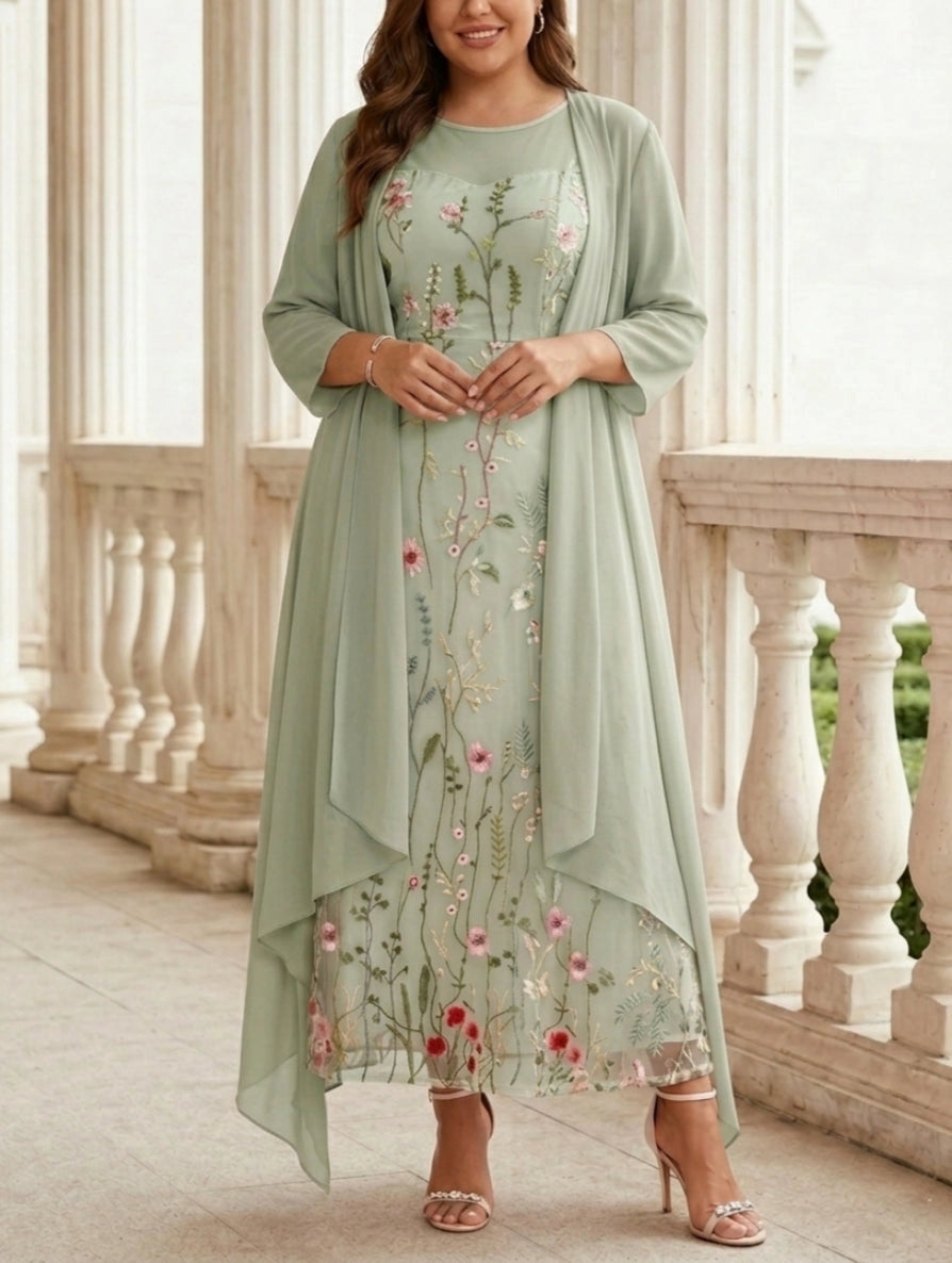 Soft Pink Plus Size Straight Round Neck 3/4 Sleeve Open Back Two Piece Mother Of Bride Dress