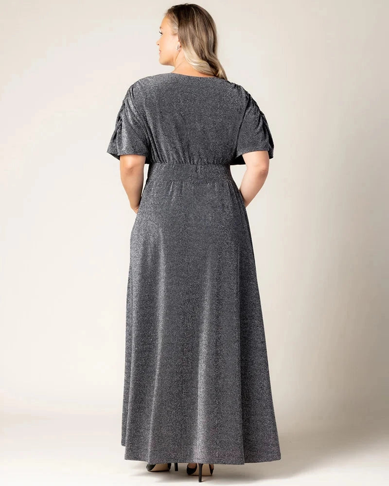 Bronze Shimmer Dolman Sleeve V‑Neck Maxi Plus Size Wedding Guest Dress