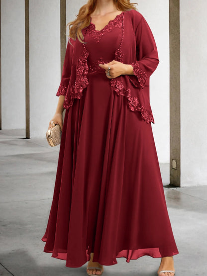 Roselledress Lace Beaded A-Line V Neck Jacket Set Zipper Back Floor Plus Size Mother Of Bride Dress