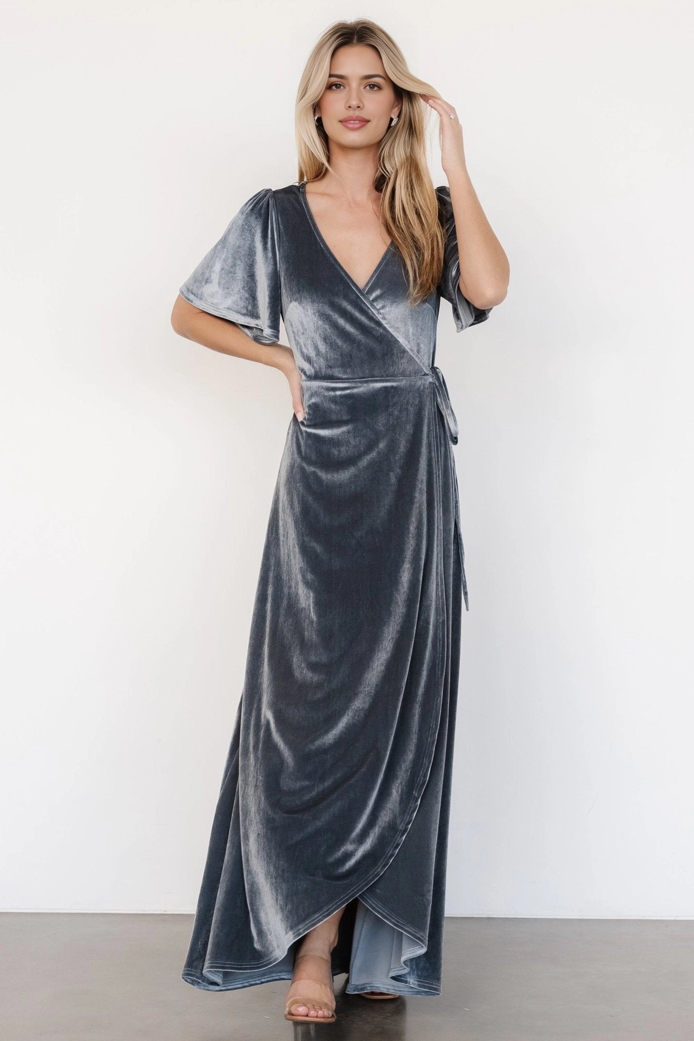 Soft A‑line V‑Neck Flutter Sleeve Closed‑Back Maxi Mother Of Bride Dress