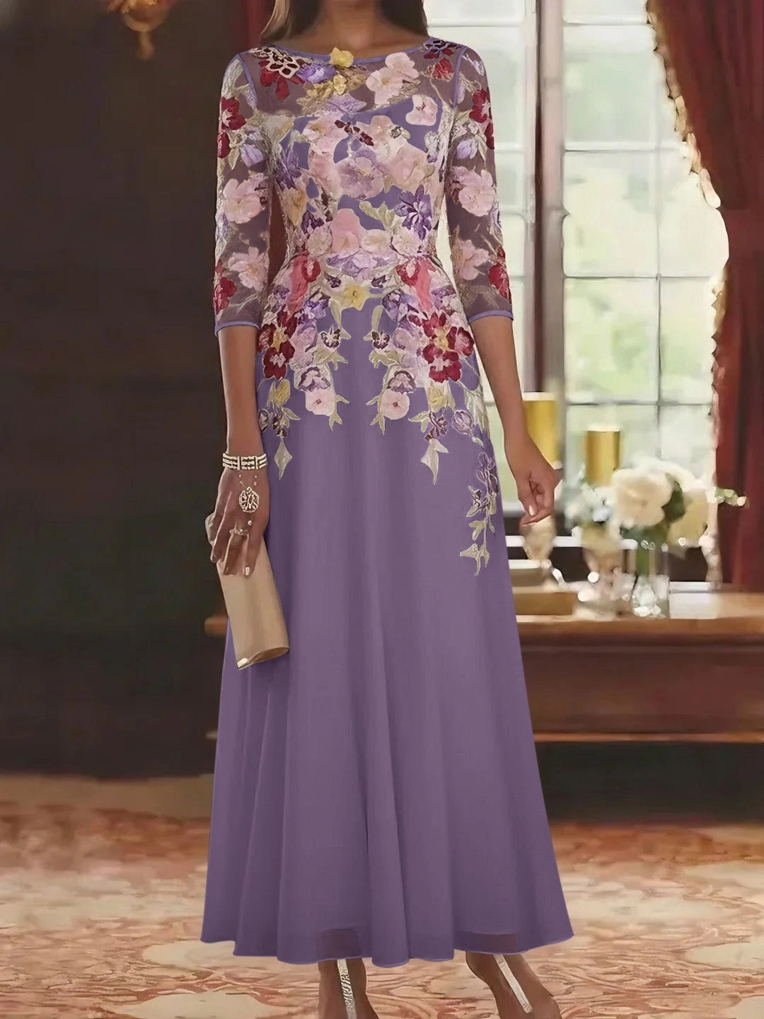 Romantic A-Line Bateau Neck Three-Quarter-Sleeve Illusion-Back Floor-Length Mother of the Bride Dresses