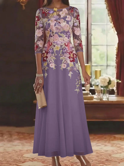 Romantic A-Line Bateau Neck Three-Quarter-Sleeve Illusion-Back Floor-Length Mother of the Bride Dresses