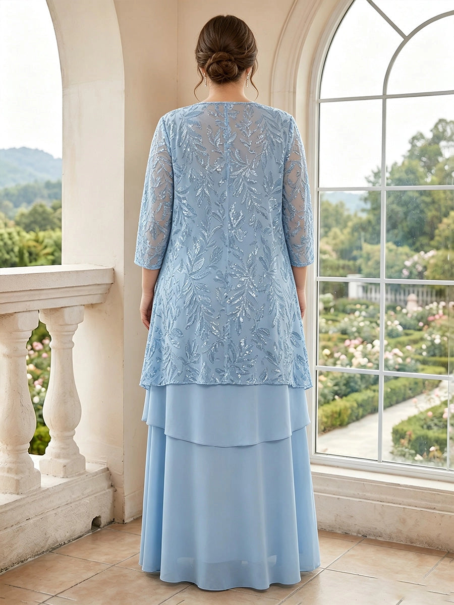 roselledress curvy dusty blue mom formal dress sheer sequin lace jacket back layered chiffon mother of groom dress