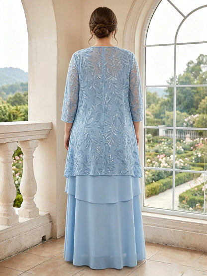 roselledress curvy dusty blue mom formal dress sheer sequin lace jacket back layered chiffon mother of groom dress