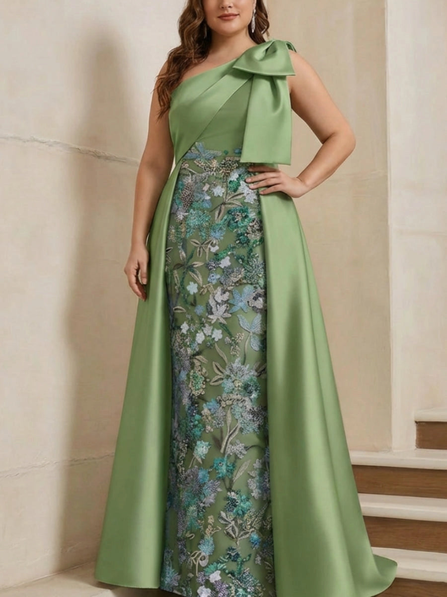 Roselledress Sage Green Mermaid One Shoulder Bow Zip Back Floor Length Plus Size Mother Of The Bride Dress