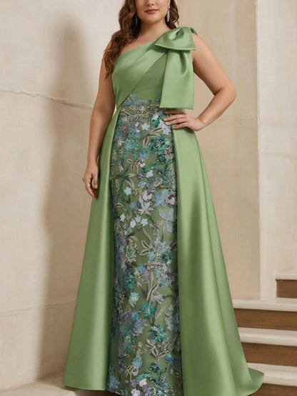 Roselledress Sage Green Mermaid One Shoulder Bow Zip Back Floor Length Plus Size Mother Of The Bride Dress