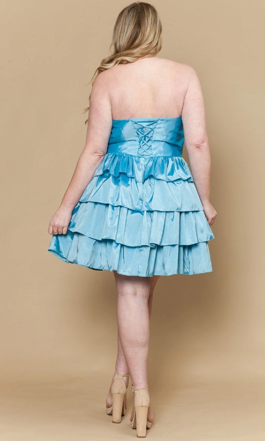 Plus size light blue satin homecoming dress featuring backless corset lace-up detail