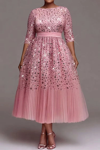 Roselledress Chic A-Line Boat Neck Back Zipper Sequin Tulle Plus Size Prom Dress