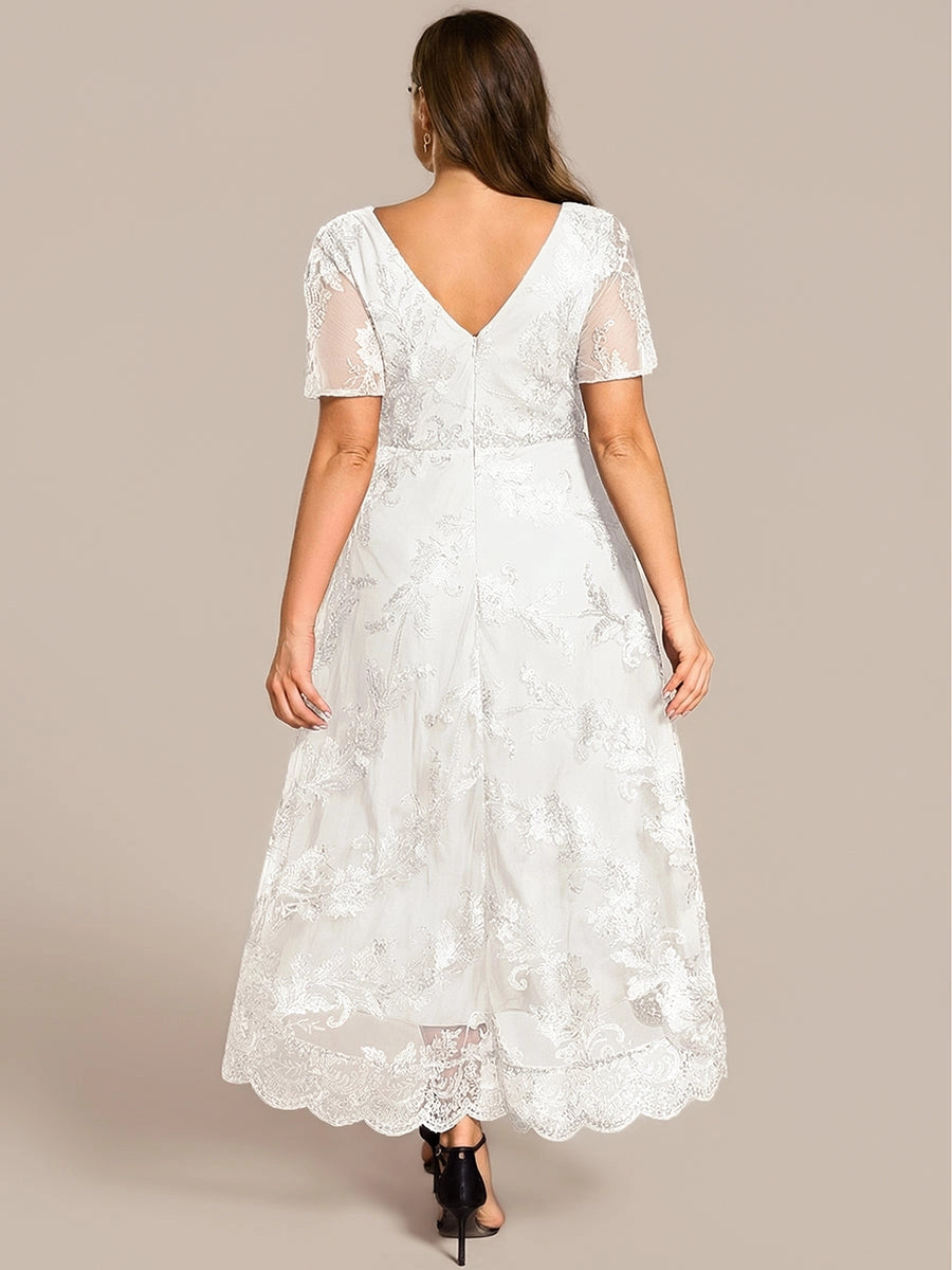 Roselledress High-Low A-Line V-Neck Flutter-Sleeve V-Zip-Back Midi Plus Size Weeding Guest Dress