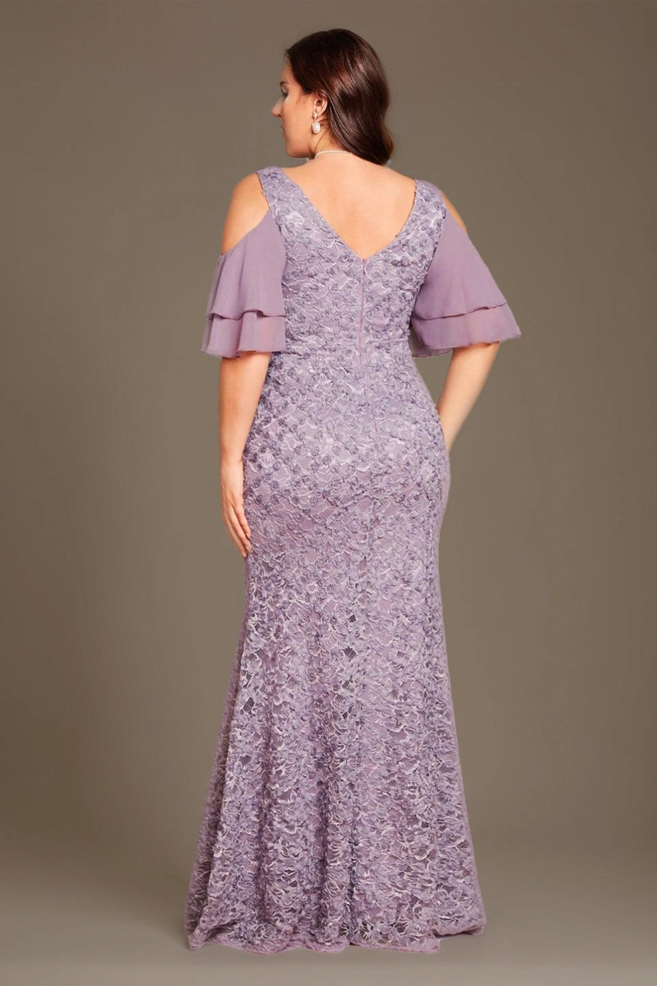 roselledress curvy purple lace evening dress v zip back double ruffle cold shoulder wedding mother maxi dress