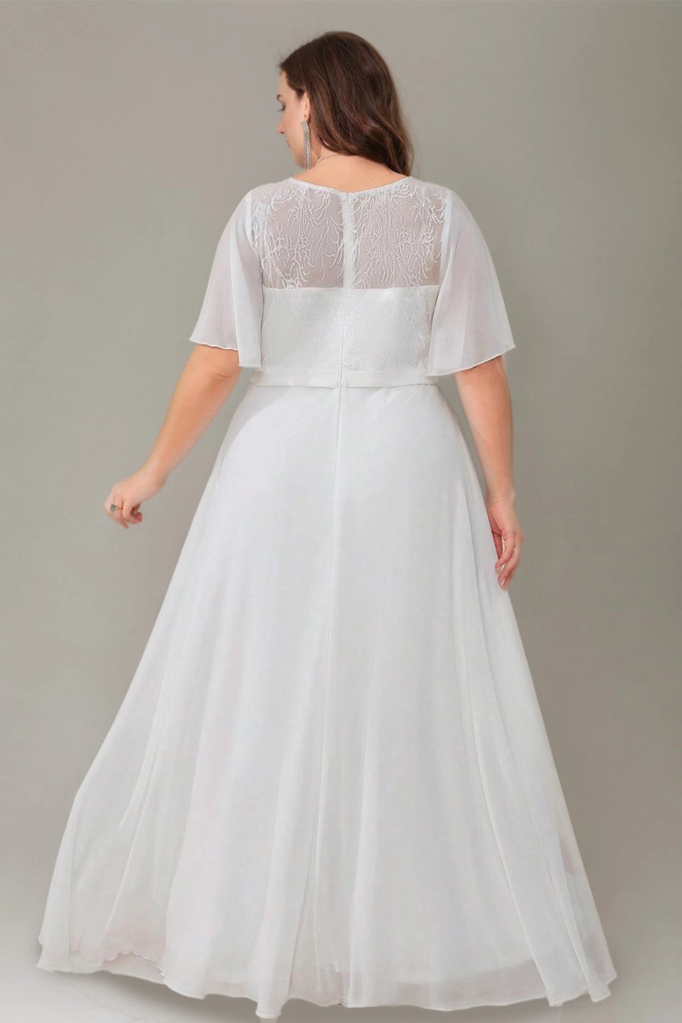roselledress curvy chiffon bridal dress sheer lace back short sleeve floor length white bridesmaid gown