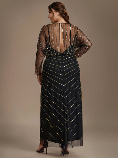 roselledress plus size black sequin maxi gown long mesh sleeve deep open back chevron gold beading formal evening dress back view