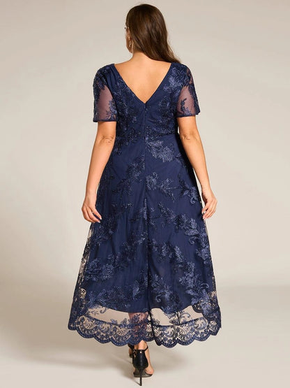 Roselledress High-Low A-Line V-Neck Flutter-Sleeve V-Zip-Back Midi Plus Size Weeding Guest Dress