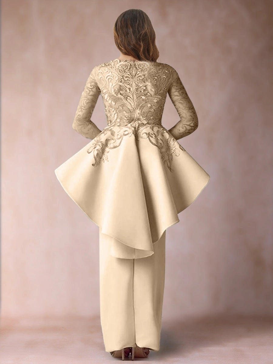 Roselledress lace peplum evening pant suit solid back vertical zipper maxi length back view